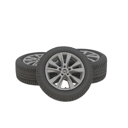 3D model of four silver wheels and black tires for the 2018 Nissan Leaf Nismo, 18-inch size.