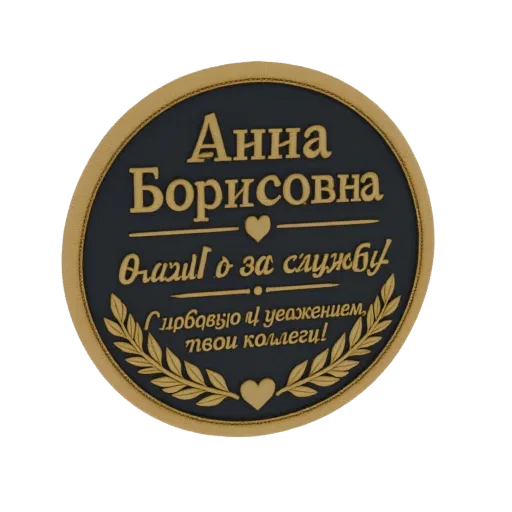 3D model of a round commemorative plaque with golden text 'Anna Borisovna' and a laurel wreath on a dark background.