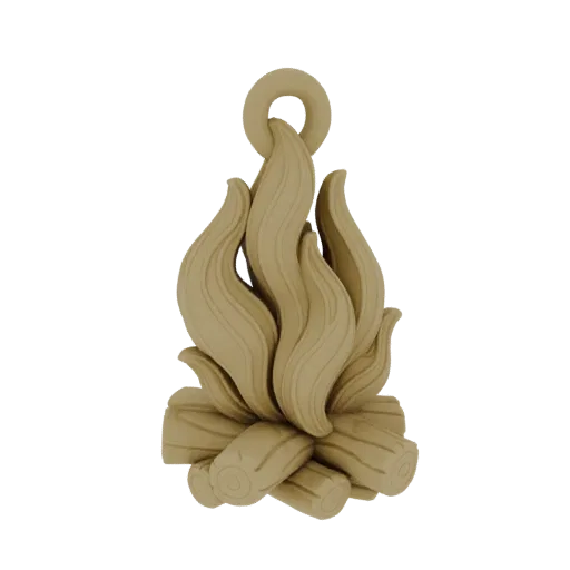 A 3D model of a campfire charm, featuring stacked logs at the base and stylized flames reaching upwards, with a loop for hang