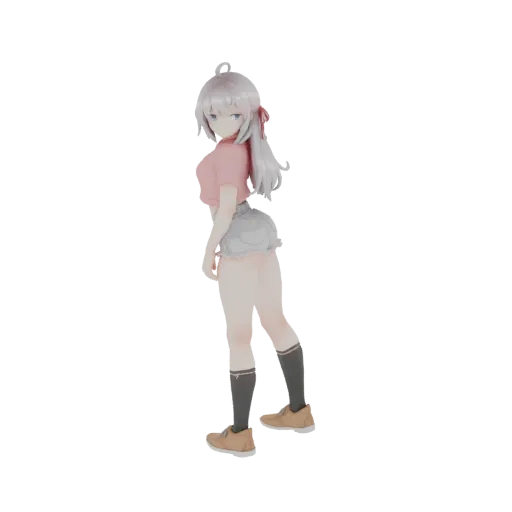 Modello 3D ragazza anime capelli argentati, top rosa, shorts jeans, guarda alle spalle.