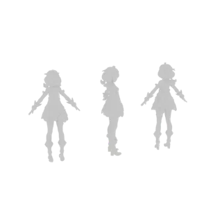 3D-Modell eines Anime-Mädchencharakters von vorne, von der Seite und von hinten gezeigt, alle in separaten Posen.