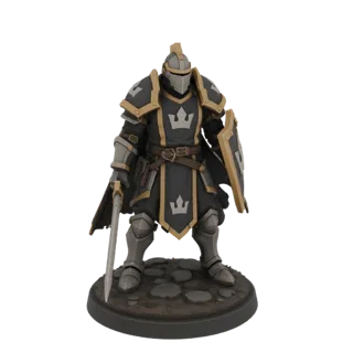 Modèle 3D d'un chevalier noir en armure complète, tenant une épée et un bouclier avec un emblème de couronne dorée, debout su