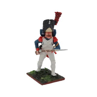 Modèle 3D d'un soldat Grenadier Français en uniforme, tenant un mousquet, debout sur une base de diorama avec de la végétatio