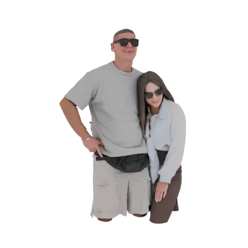 3D model of a young couple posing together, the man with his hand on his hip and the woman leaning on him, both wearing sungl