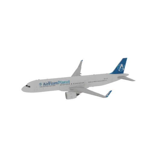 3D model of a white AirFlomPlanet passenger jet with blue accents on the tail and wings, shown against a white background.