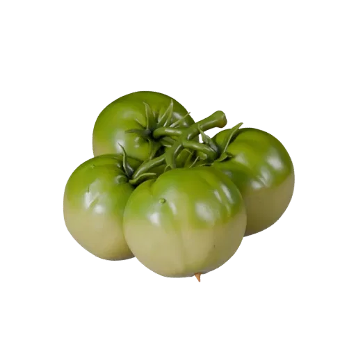 Market Tomato Cluster Product Viz 3D model, three-quarter studio product render, showing leaf veins, form detail.