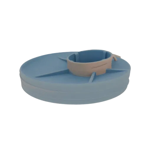 3D model render of a light blue snack tray with a beige cup holder in the center, against a black background.