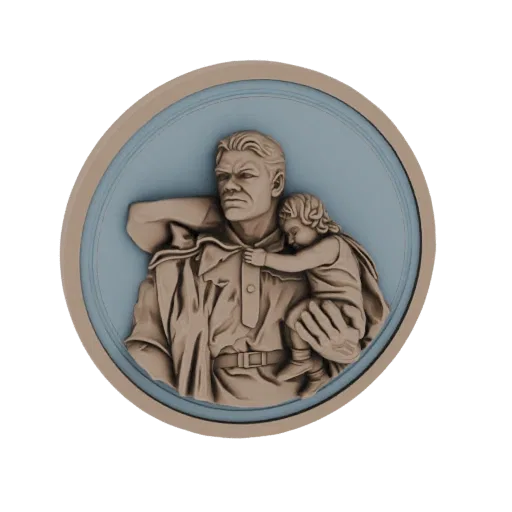 3D model of a relief sculpture showing a father holding a sleeping child, rendered in a bronze-like material.