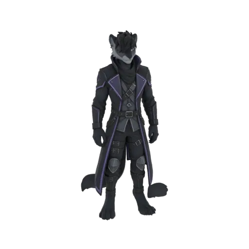 3D model of an anthropomorphic wolf character standing upright, wearing a long, dark gothic trench coat with purple trim and