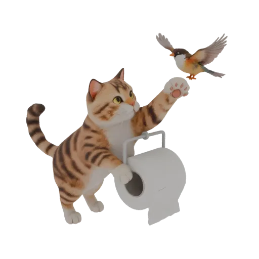 3D model toilet paper holder: striped cat reaching with paw for small bird