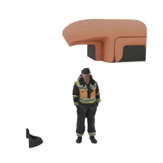 Render 3D de um abrigo moderno laranja e preto com uma figura de trabalhador em pé na frente.