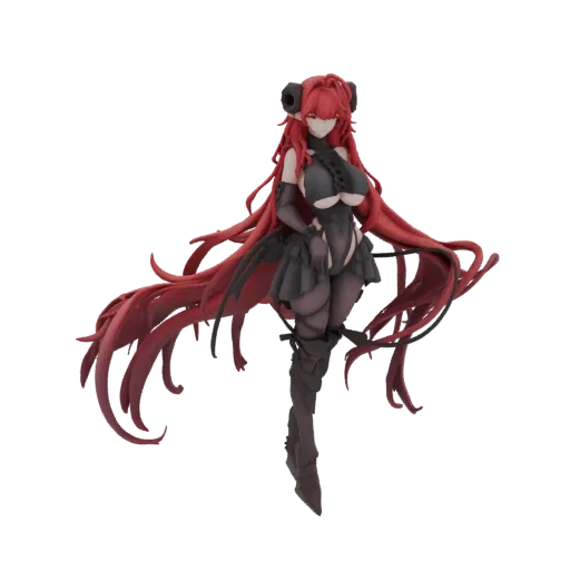 A 3D model of a gothic demoness with long, flowing red hair, dark attire, and demonic horns, posed dynamically.