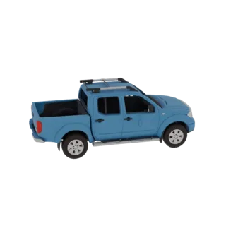 Modelo 3D de uma pickup azul dupla cabine com rack de teto prateado, visto de lado.