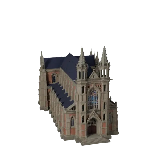 Cathedral stylized 3D model, isometric stylized game environment view, showing public building materials and architectural detail