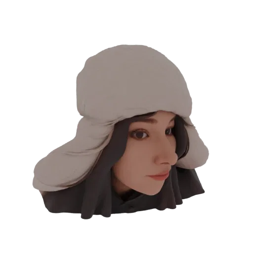 Modelo 3D gerado por IA do perfil de uma mulher usando um gorro de inverno fofo e claro, olhando para o lado.