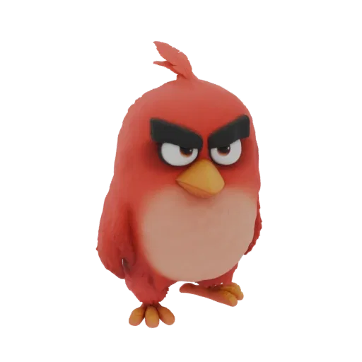 3D model of the Angry Red Bird character, a round red bird with angry eyebrows and a yellow beak, standing on a white backgro