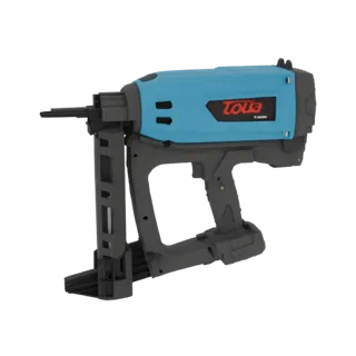 Modèle 3D d'un pistolet à clous sans fil Toua bleu avec poignée et chargeur gris, sur fond noir.