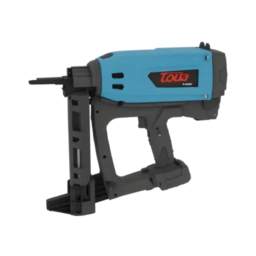 Modello 3D di una pistola sparapunti a batteria Toua blu con impugnatura e caricatore grigi, su sfondo nero.