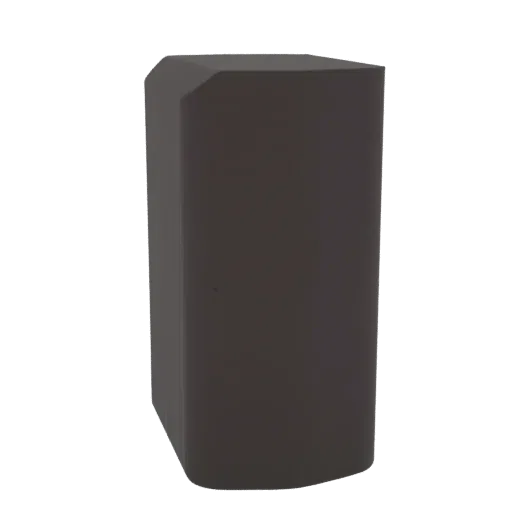 A 3D render of a dark gray, modern corner block with a sharp, angled top edge, set against a black background.