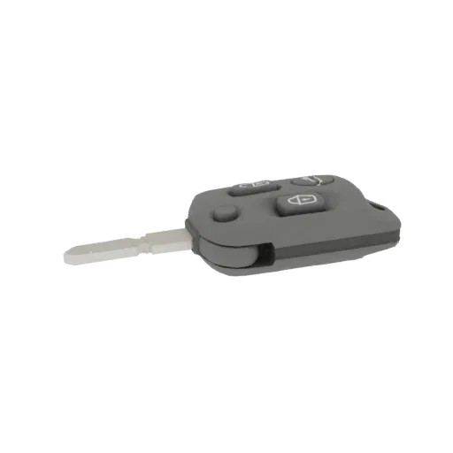 3D model of a gray folding car key fob with the key blade extended and buttons visible on the fob.