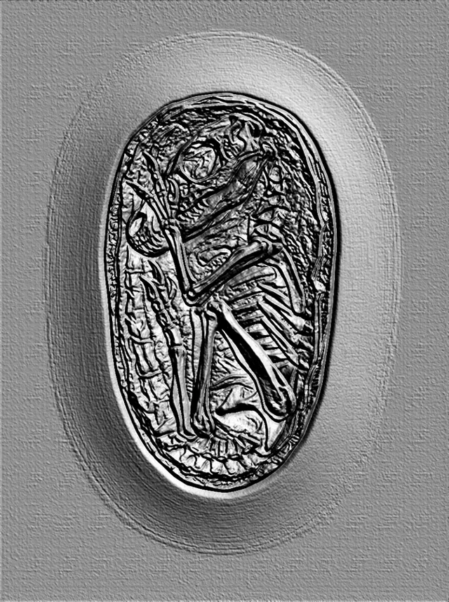 3D model of a skeleton bas-relief, curled into an embryonic pose, in an oval frame, rendered in monochrome.
