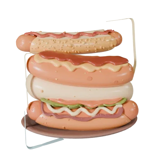 Hot Dog game ready 3D model, isometric studio render, with calibrated plate silhouette and material reads.