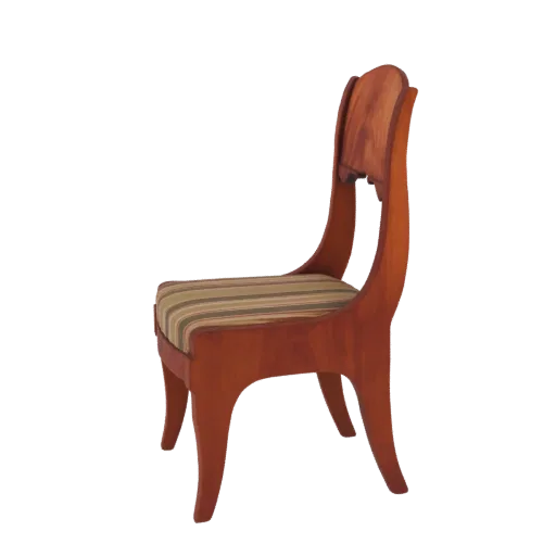 Side view of a 3D model of an elegant wooden dining chair with a curved back and striped upholstered seat, set against a blac