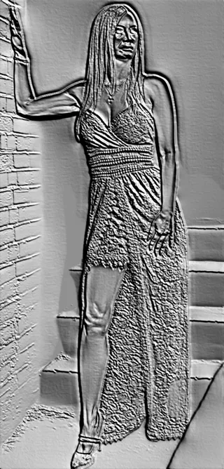 3D model of a woman bas-relief in a long dress with a high slit, leaning on a brick wall.