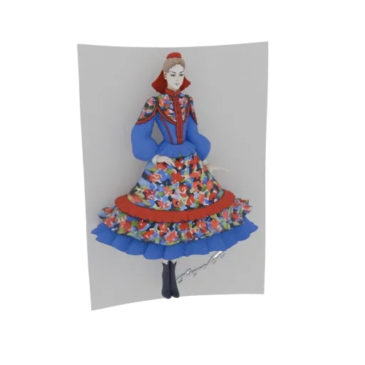 3D model of a woman wearing a vibrant blue and red folkloric dress with a floral pattern, standing against a white background
