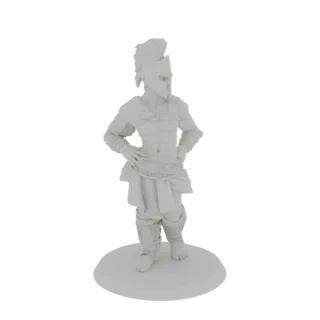 Modello 3D di una guerriera gladiatrice in posa sicura, con elmo e armatura, su una base circolare.