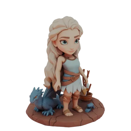 Modelo 3D de una Daenerys Targaryen chibi con un pequeño dragón azul sobre una base texturizada, renderizado sobre fondo blan