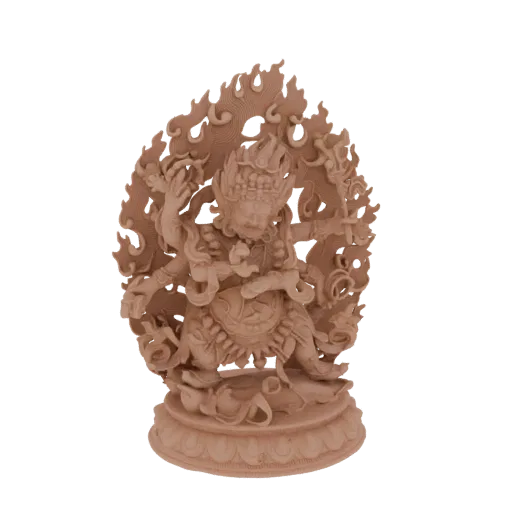 3D model of Mahakala, a multi-armed wrathful Buddhist deity with a fierce expression and a fiery aura, depicted in a wooden-l