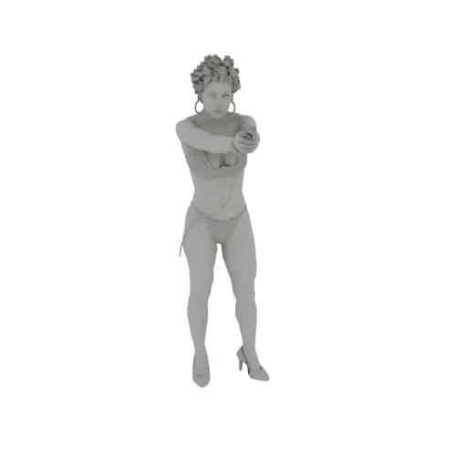 3D-Modell einer weiblichen Figur in dynamischer Pose, die mit entschlossenem Gesichtsausdruck eine Pistole nach vorne richtet