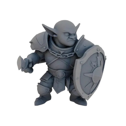 Figurine STL d'archer gobelin fantastique Mur de boucliers, rendu trois-quarts sur table, figurine ennemie imprimable en rési