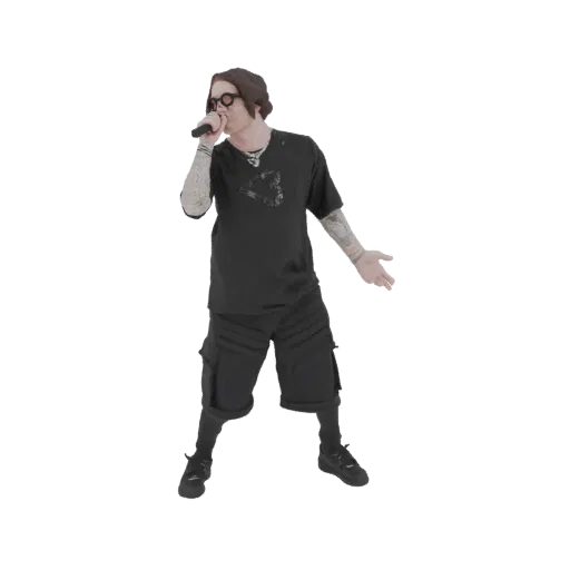 3D model of a male rapper with tattoos, wearing a beanie and glasses, holding a microphone and gesturing.
