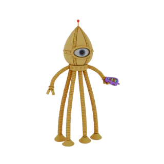 3D model of a golden robot with one large eye, four segmented legs, and a ray gun in its hand, against a white background.