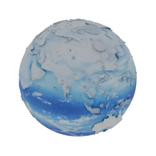 Ice Planet print ready 3D model, three-quarter studio render, with calibrated world silhouette and material reads.