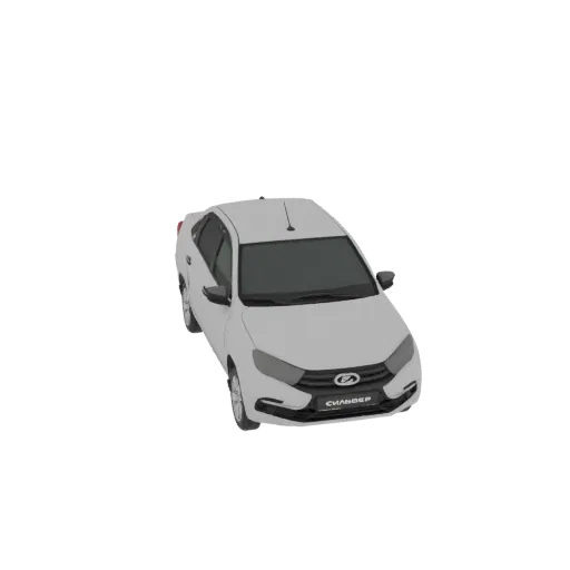Top-down view of a white sedan 3D model with tinted windows and a sleek design, set against a black background.