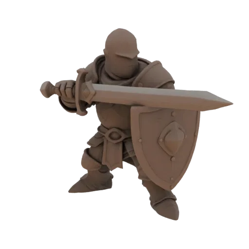 Miniatura STL de Paladín Enano Medieval Apuntando, render de mesa a tres cuartos, miniatura de héroe imprimible en resina con