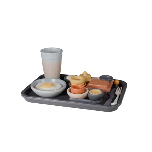 Breakfast Style Tray Stylized 3D model, stylized isometric render, showing ceramic, arranged serving layout.