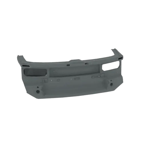 3D model of a grey automotive rear bumper reinforcement panel, showing its structural form and mounting points.