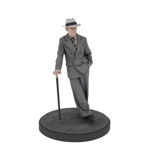 Modèle 3D d'un gangster des années 1930 portant un fedora et un costume rayé, s'appuyant sur une canne, debout sur une base p