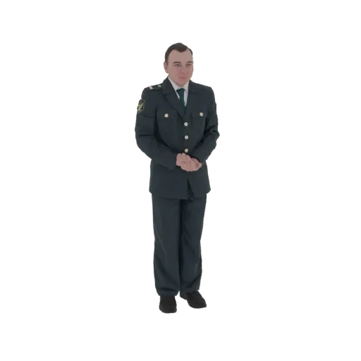 3D model of a man in a dark green uniform with gold buttons, standing with hands clasped.