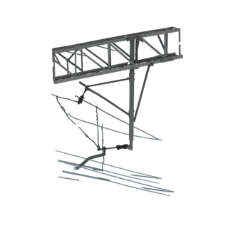 3D-Modell eines grauen industriellen Stromleitungsmastes mit mehreren Traversen und hängenden Drähten vor einem weißen Hinter