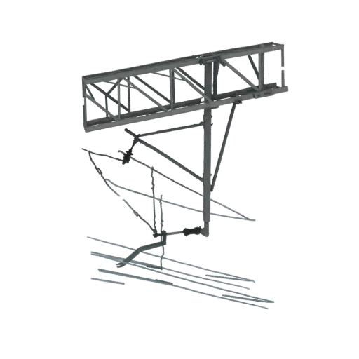Modelo 3D de un pilon industrial gris de línea eléctrica con múltiples travesaños y cables colgantes, sobre un fondo blanco.