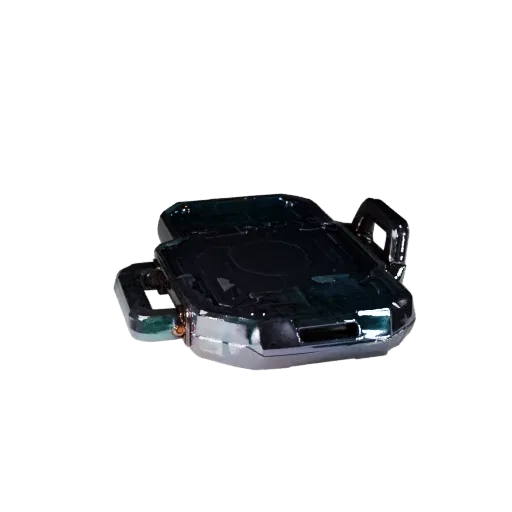 Holographic Data Pad Stylized 3D model, stylized isometric render, showing emissive strips, strong prop silhouette.