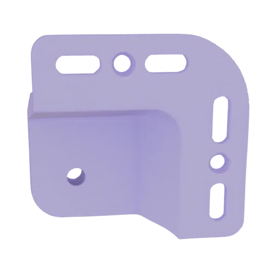 Rendu 3D d'une équerre d'assemblage en L violet clair avec plusieurs trous de fixation oblongs et circulaires.