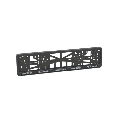 3D model of a dark gray car license plate frame with geometric cutouts and embossed text along the bottom edge.