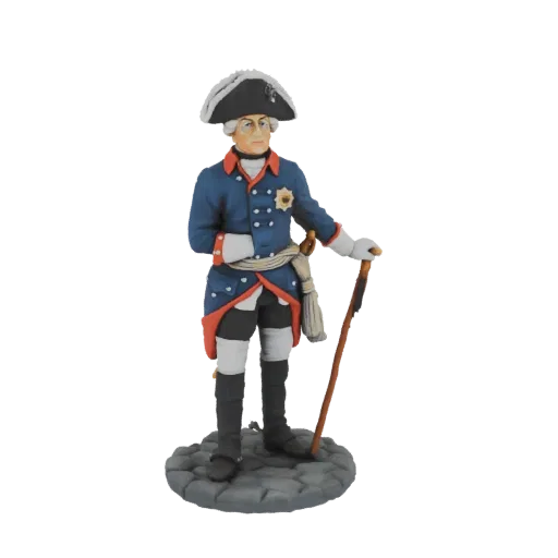 3D model of an 18th-century military officer in a blue uniform, holding a cane, standing on a cobblestone base.