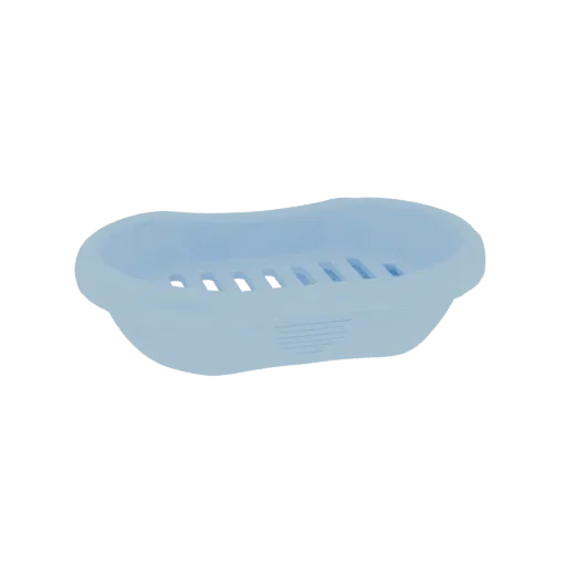 A 3D render of a light blue oval soap dish with multiple drainage slots, presented on a black background.